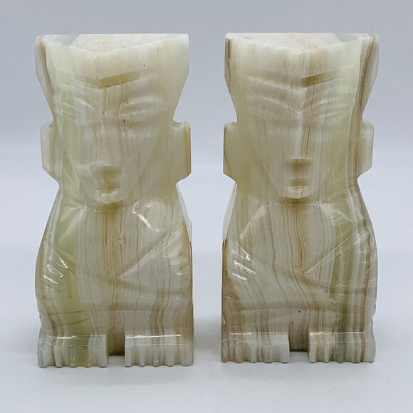 Vintage Pair Carved Heavy Marble Aztec Mayan Tiki Stone Bookends 5.5” - Picture 1 of 11
